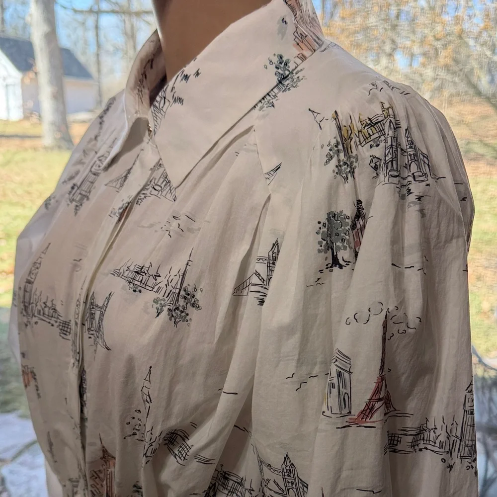 En Saison Travel Print Dress with Puff Sleeves, Tie Waist, Medium - Picture 8 of 13